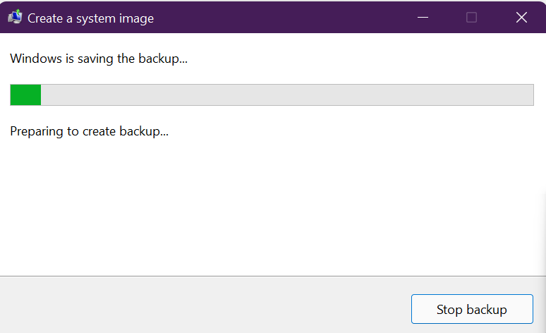 Windows will initiate the process and prepare to create a backup