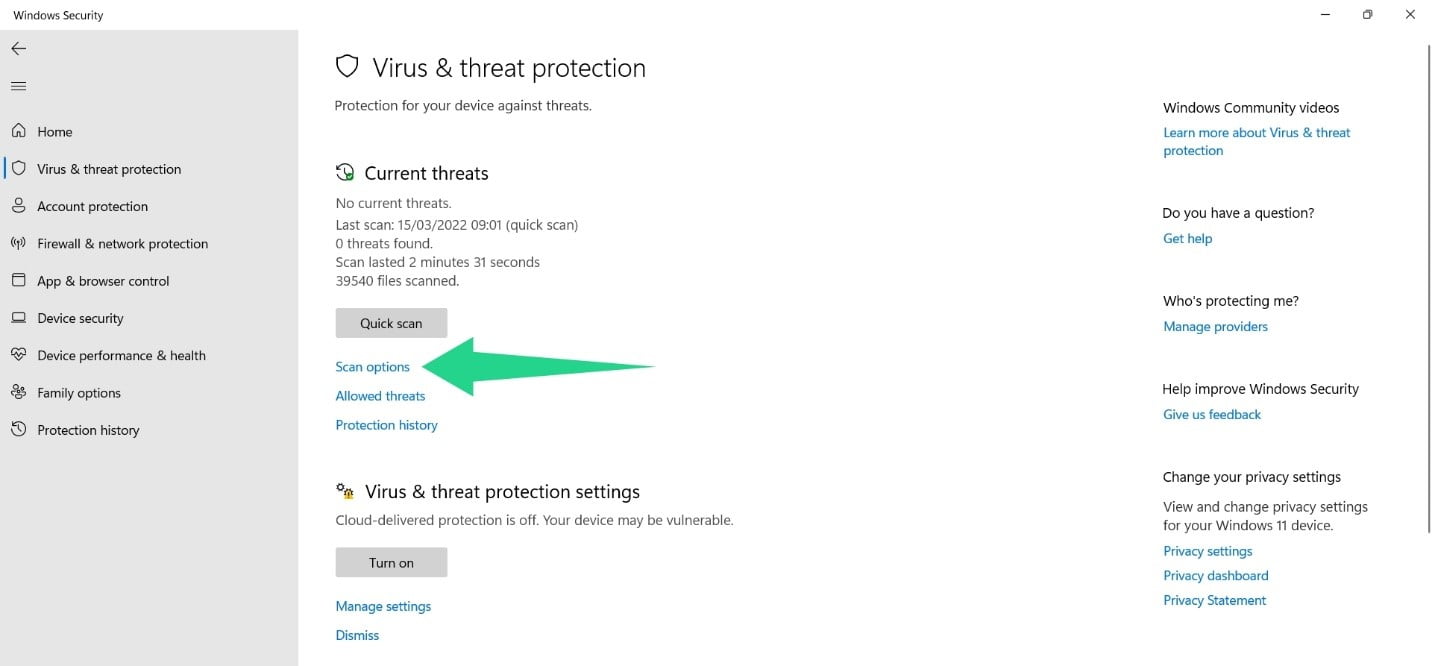 Spusťte nástroj Windows Virus & Threat Protection