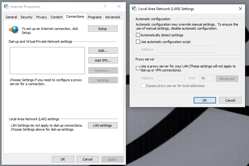 Click on the option that pops up with the same name and select the C onnections tab. Next, select LAN settings. Next, uncheck every option that is checked on the page, including Automatically detect settings.