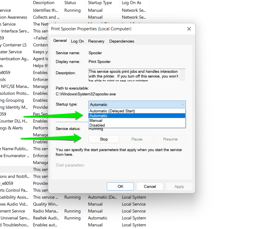 Go to the Startup Type drop-down menu and select Automatic