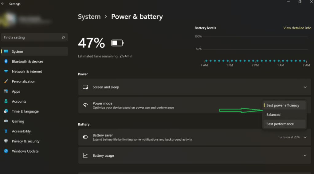 On the Settings page, click the drop-down menu next to Power mode and choose Best performance