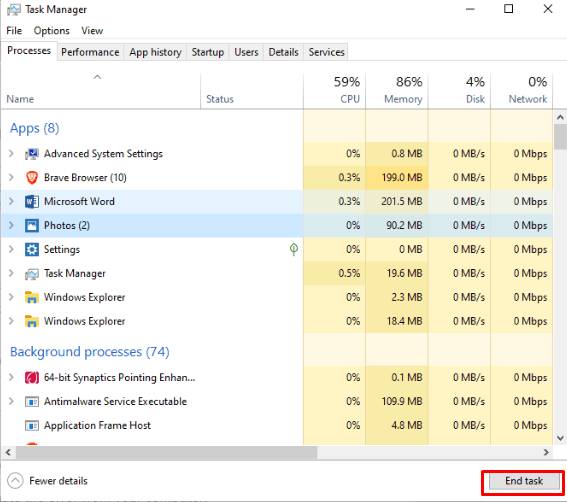 To close an app, select it and then click on the <em>End task</em> button at the bottom