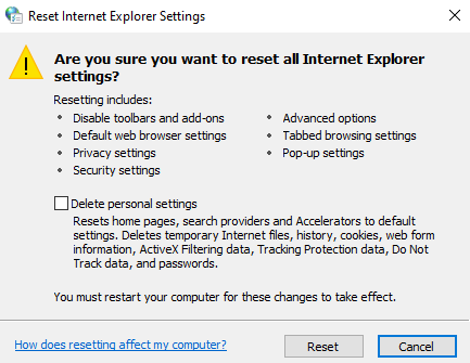 How to reset the Internet Explorer settings