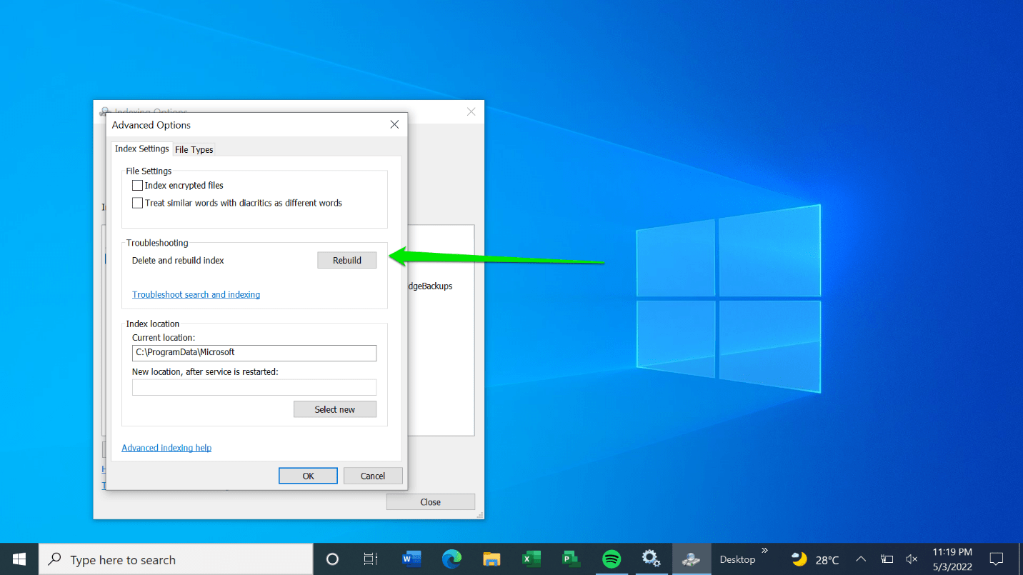 Rebuid the Search index on Windows 10