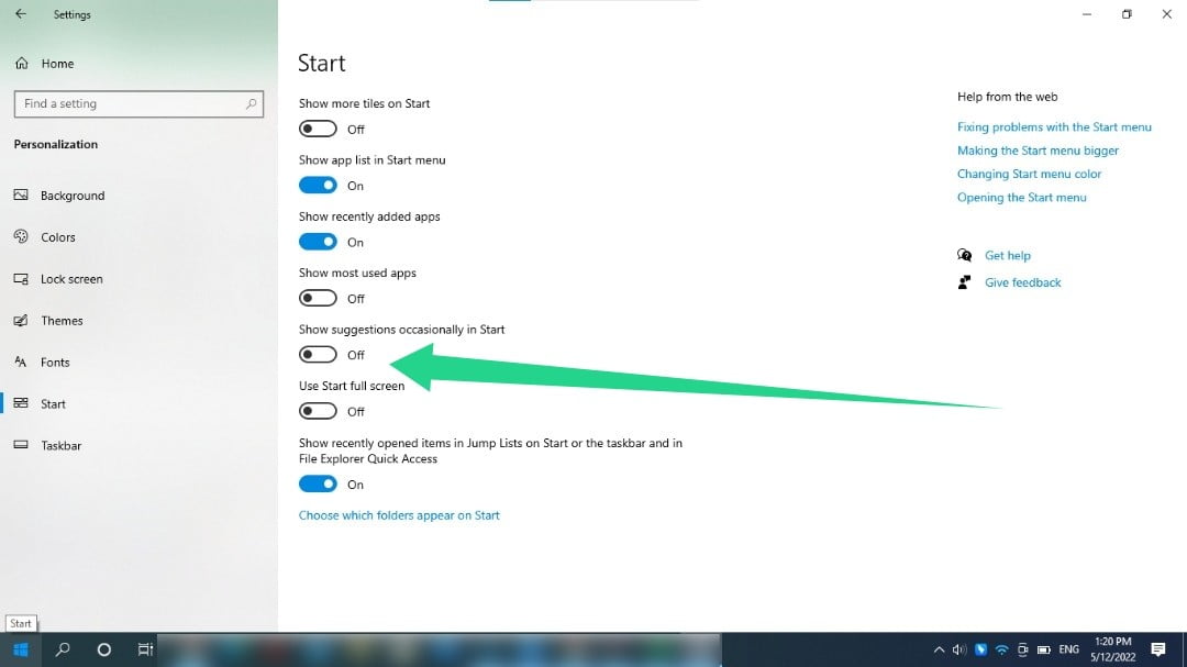 Toggle off the “Show suggestions occasionally in Start” option
