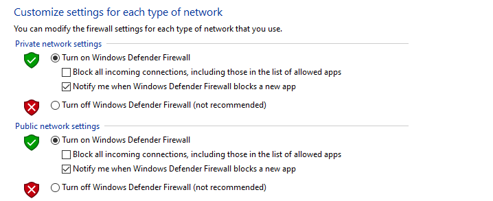 Select the option that says “Turn off Windows Defender Firewall (not recommended)” 