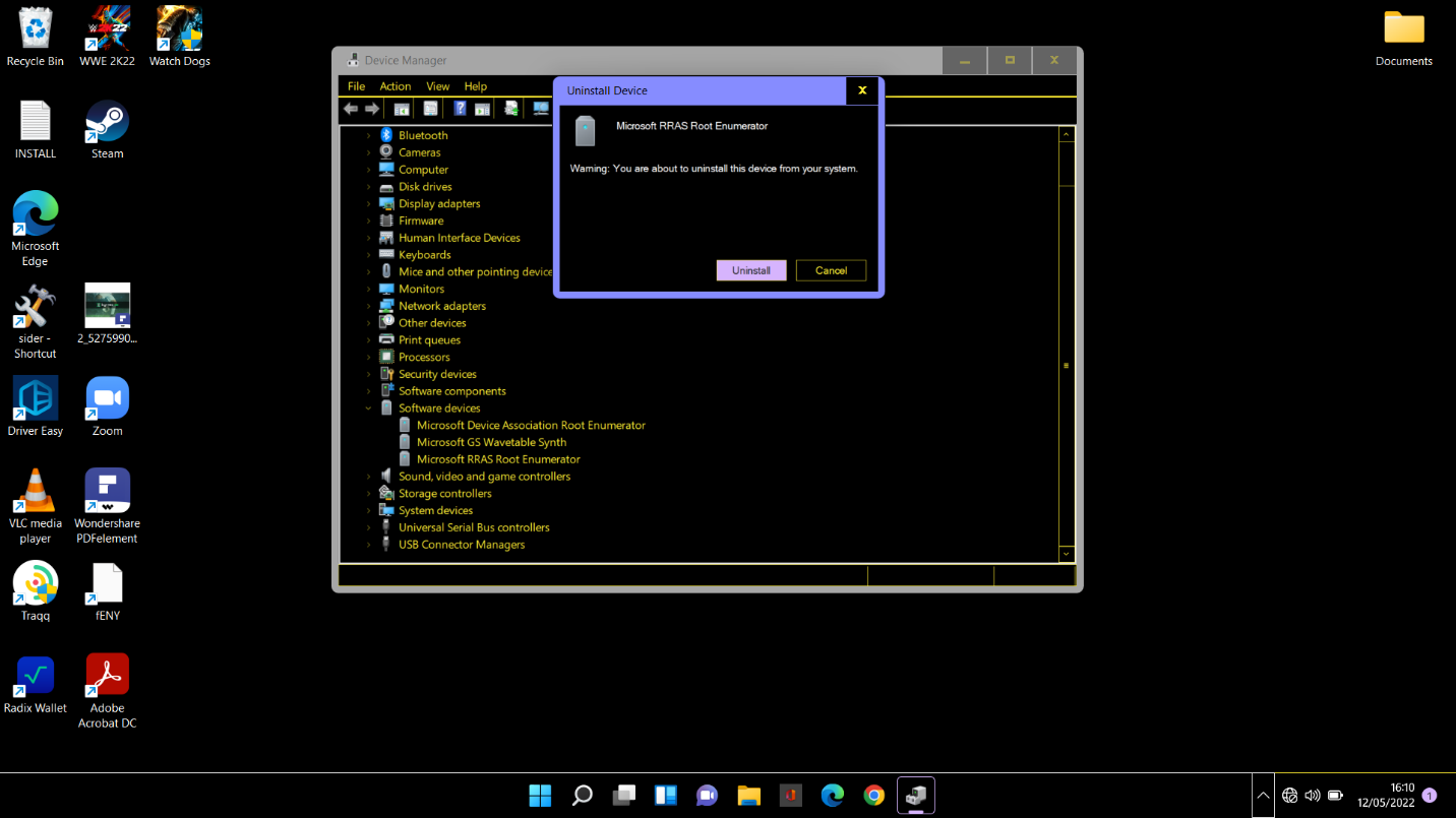 Right-click Microsoft RRAS Root Enumerator and select “Uninstall device”.
