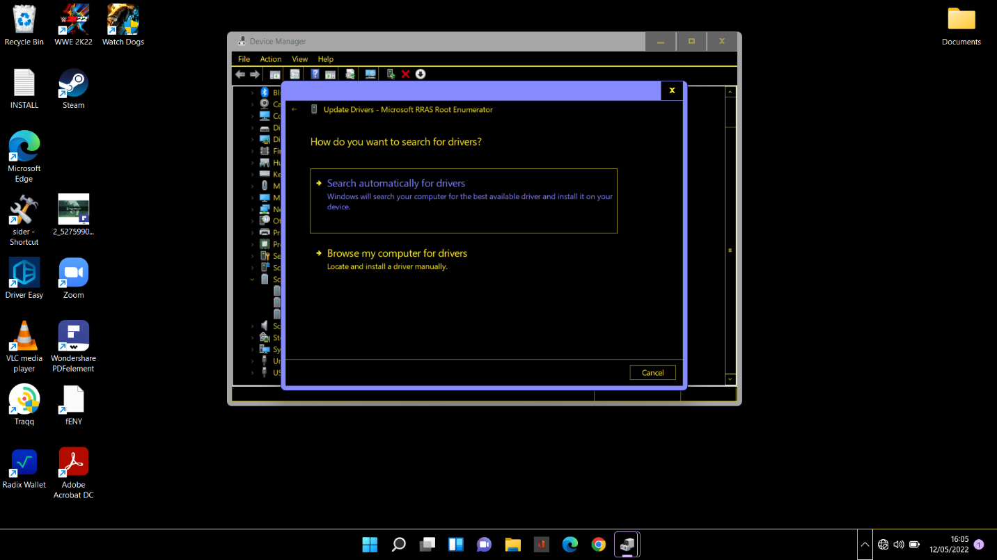 Right-click Microsoft RRAS Root Enumerator and select “Update driver”. Select “Search automatically for drivers”.