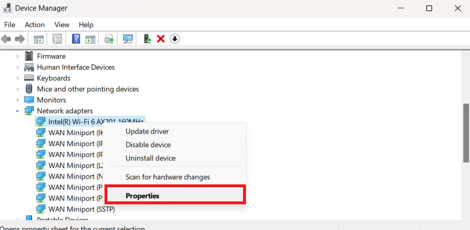 Network adapters properties