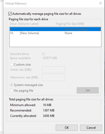 Change the Paging file size to eliminate the issue