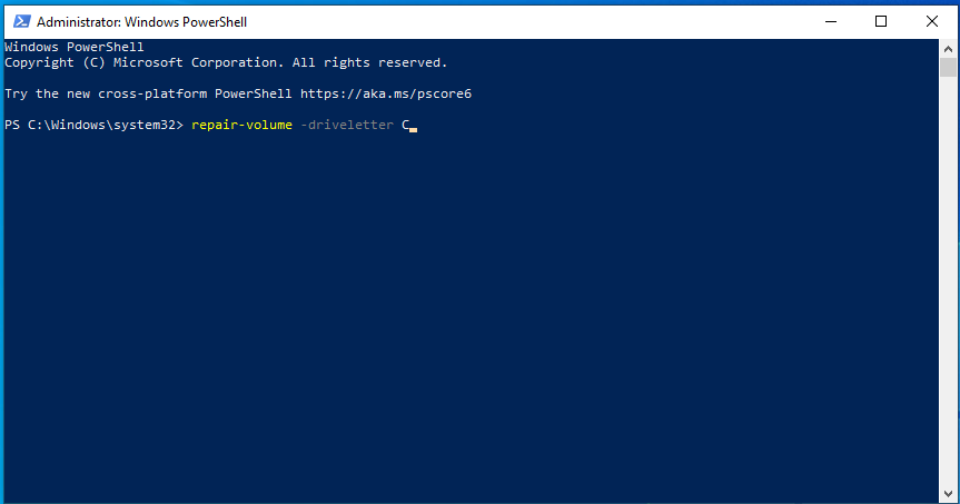 Enter the following command- “repair-volume -driveletter x” in PowerShell