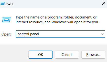 Type <em>control panel</em> and press <em>Enter</em>