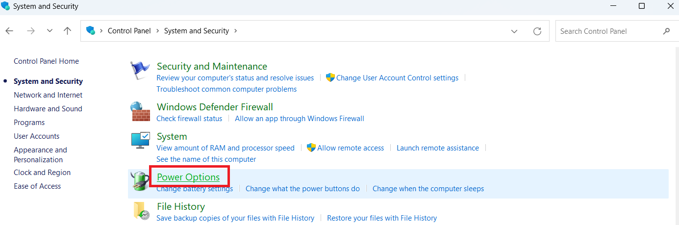 In the next window, click <em>Power Options</em>