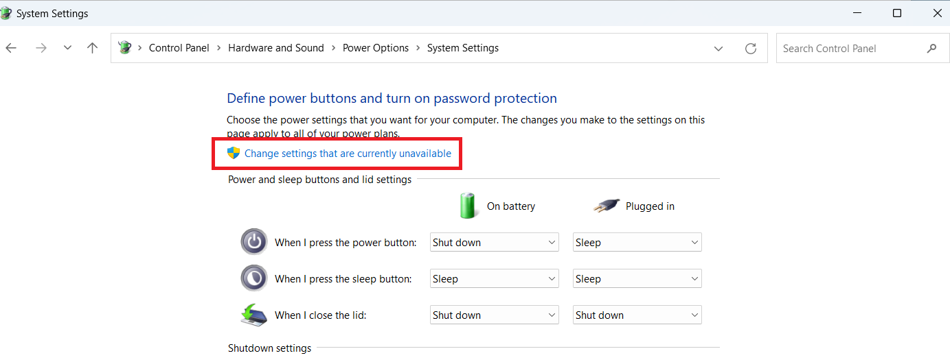 Next, click <i>Change settings that are currently unavailable</i>