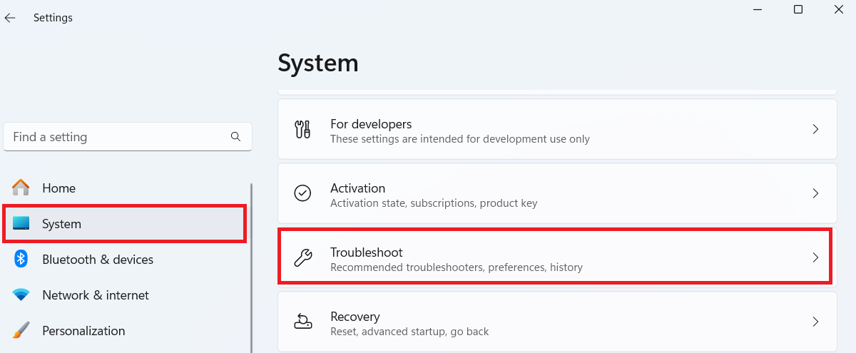 Scroll down the right pane to locate the <em>Troubleshoot</em> option and select it