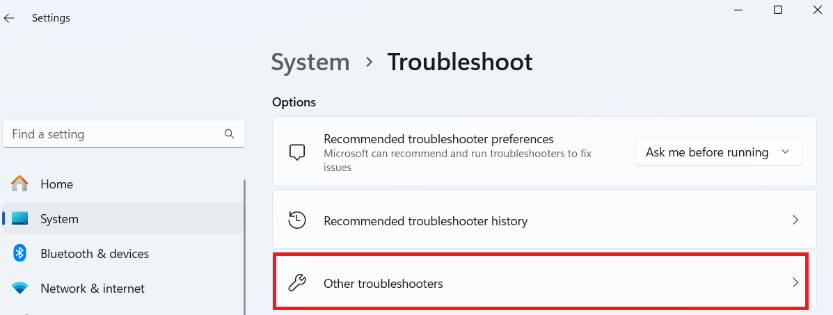 Click on the Other troubleshooters option.
