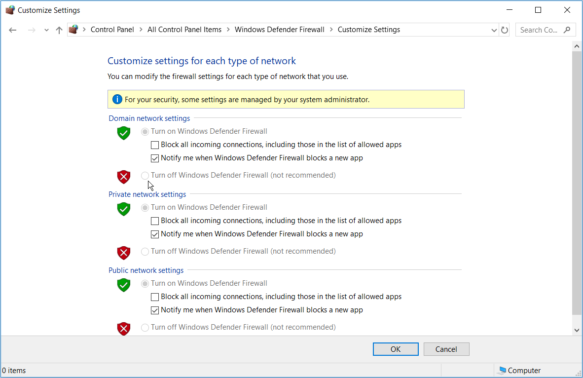 Select the ‘Turn off Windows Defender Firewall’ option