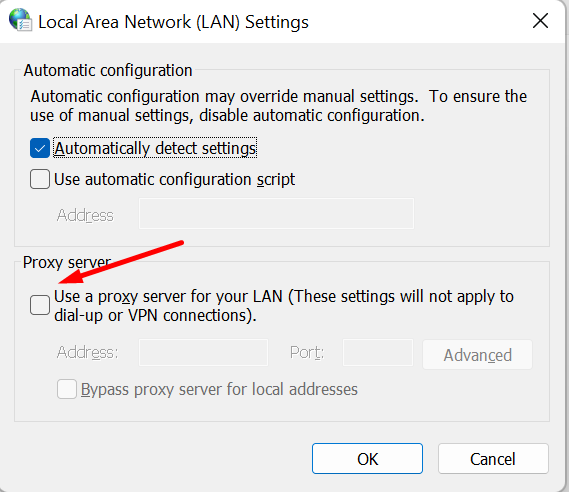 deselect the ‘Use proxy server for your LAN’ option