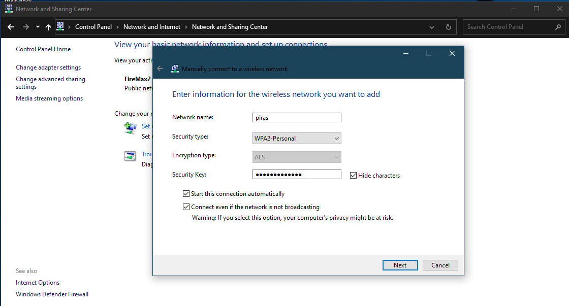 Set the Security type as WPA2-Personal and the Encryption type as AES
