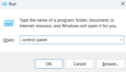 After run appears, type <em>control panel</em>, and then press the <em>Enter</em> keyboard button