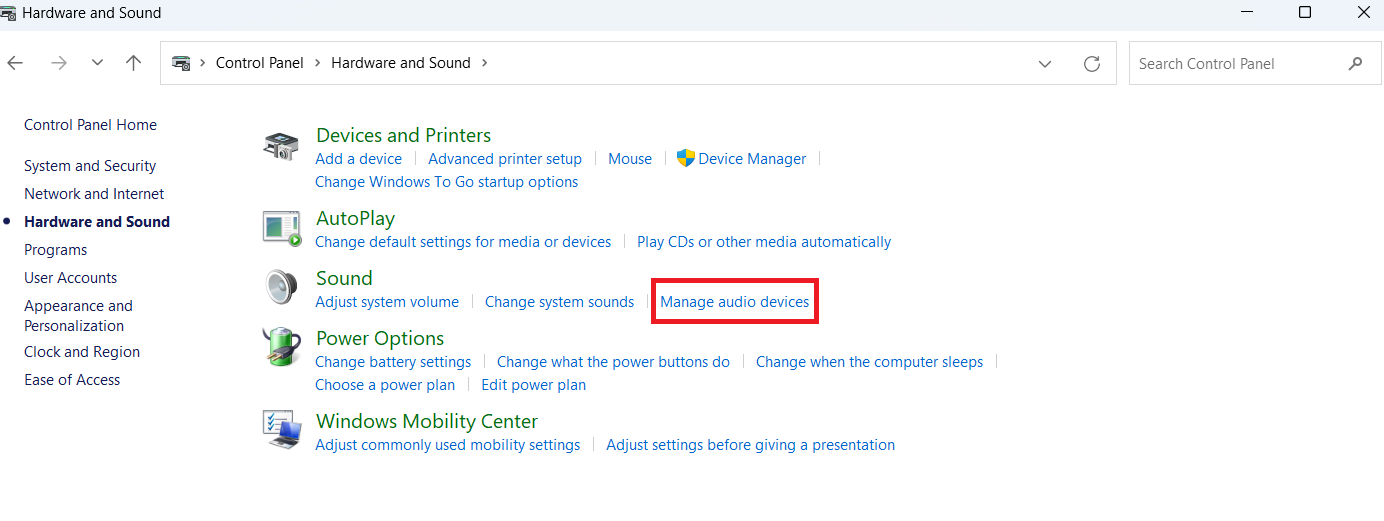 On the Hardware and Sound page, click on <em>Manage Audio Devices</em> under <em>Sound</em>