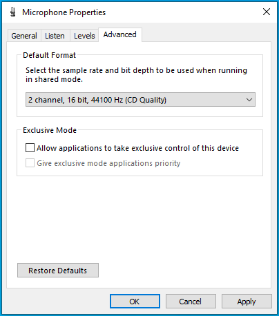 Uncheck the Allow applications to take exclusive control of this device option.