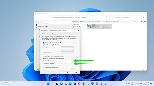 Enter 8.8.8.8 next to Preferred DNS Server and 8.8.4.4 next to Alternate Server.