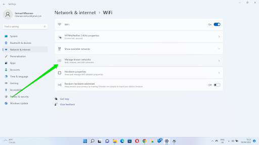 After the Network & Internet > WiFi page shows up, click on Manage Known Networks.