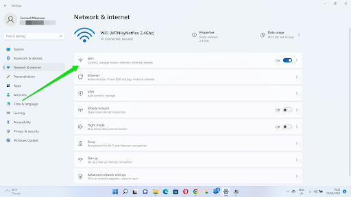 Click on the WiFi option once you get to the Network & Internet page of the Settings app.