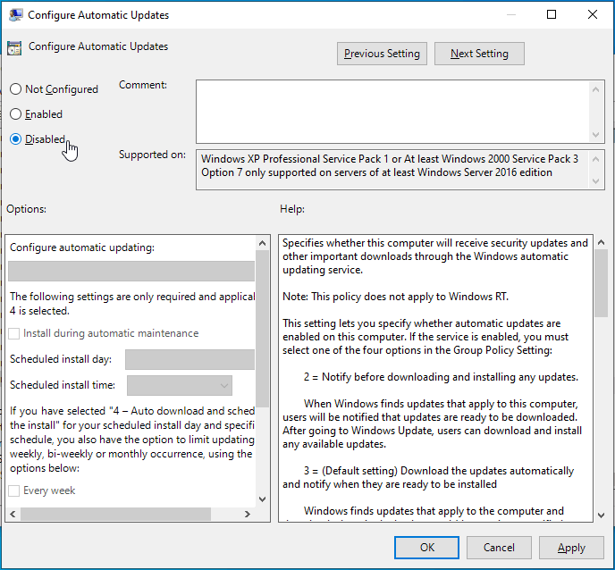 Choose Disabled under the Configure Automatic Updates section.