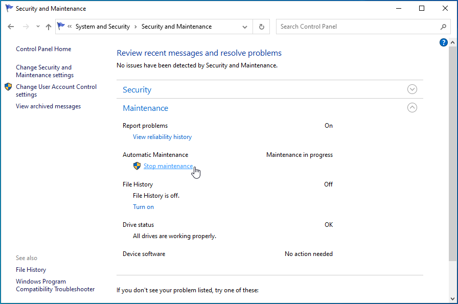 Select <em>Stop Maintenance</em>