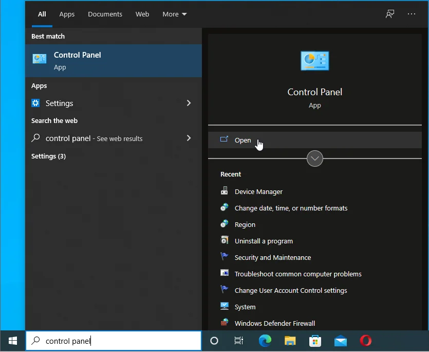 Type in “control panel and then click Open.