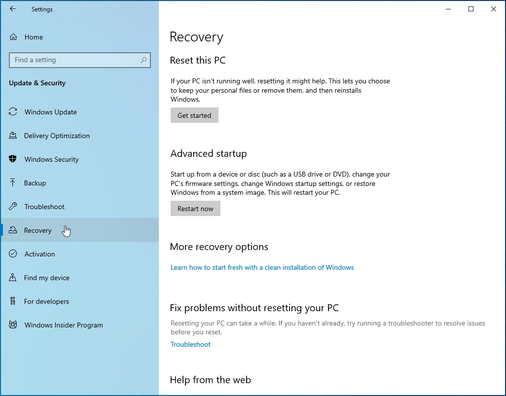 Navigate to <em>Recovery</em>