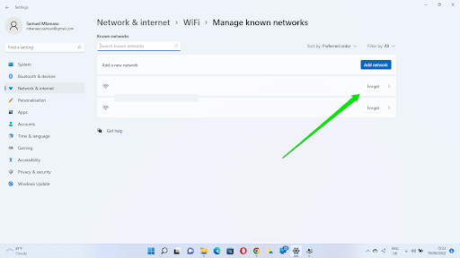 Under the Network & Internet > WiFi > Manage Known Networks page, locate your WiFi network device and click on the Forget button.