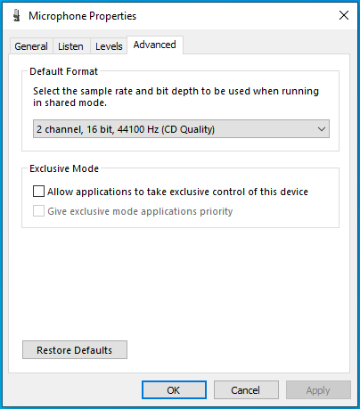 Switch to the Advanced tab of the Microphone Properties window.