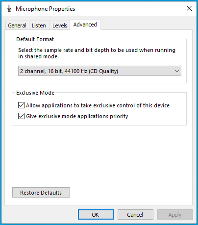 Go to the Advanced tab of the Microphone Properties window.
