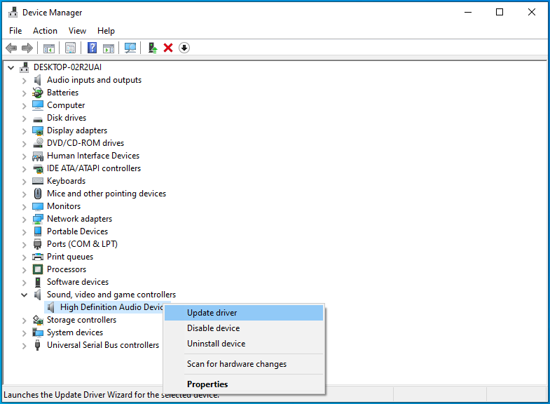 Right-click your audio device and select Update driver.