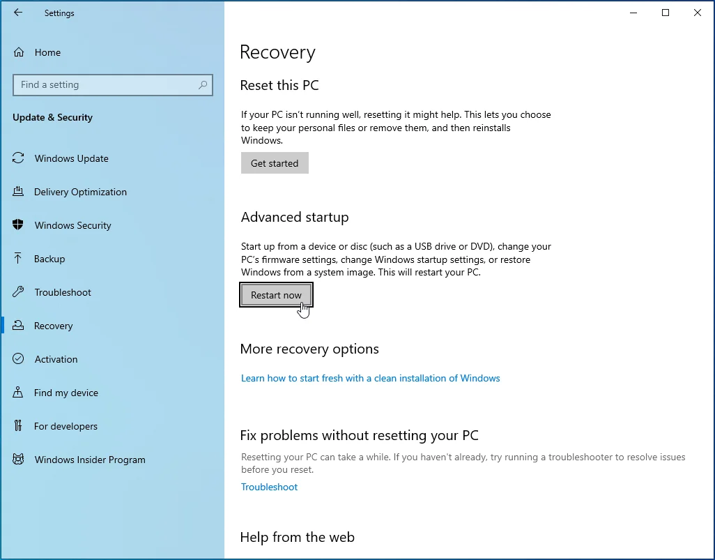 Click <em>Restart</em> now