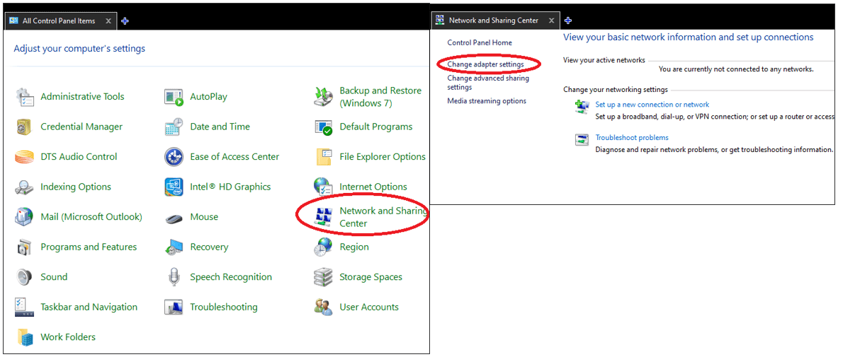 Move your cursor to the upper left corner of the Network and Sharing Center page and select Change adapter settings.