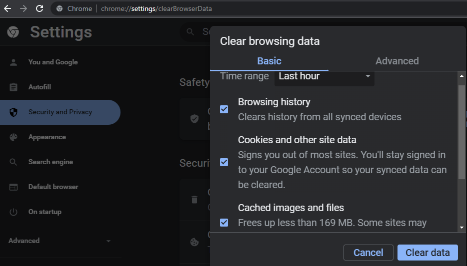 Type in Google Chrome chrome://settings/clearBrowserData into your search bar.