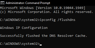 On the editable interface of the running Command Prompt, paste the following command: ipconfig /flushdns, and tap the enter key on your keyboard.