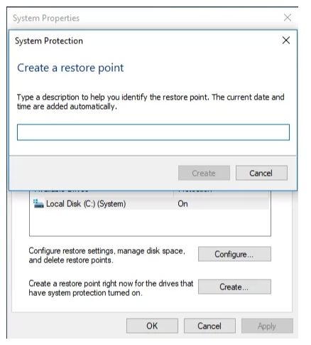 Type “Create a restore point