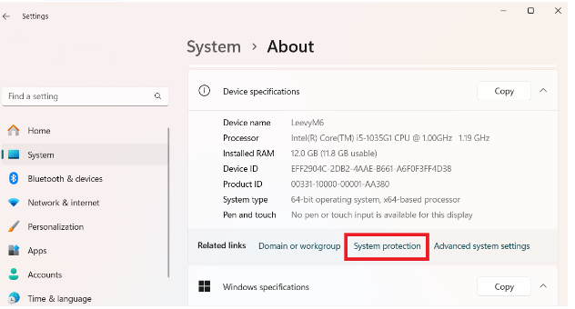 In the “Related links” section under “Device specifications,” click “System protection