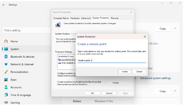 Give your restore point a name and click “Create