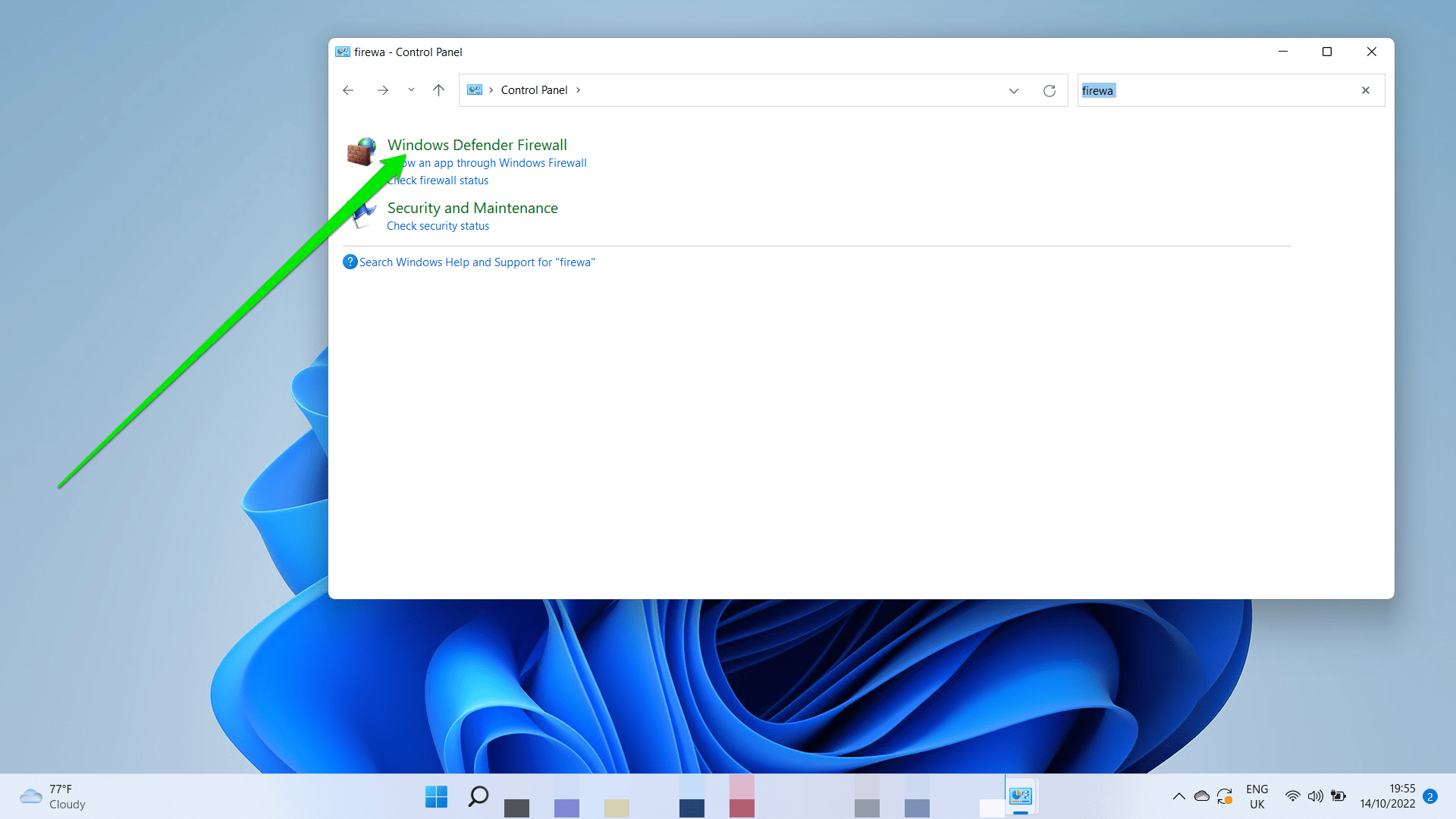 Click on Windows Defender Firewall once the Control Panel window opens