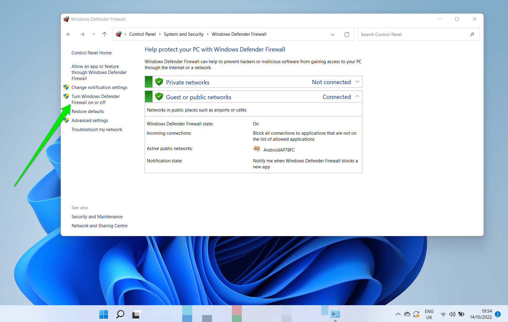 Head to the left pane and click on “Turn Windows Defender Firewall on or off.”