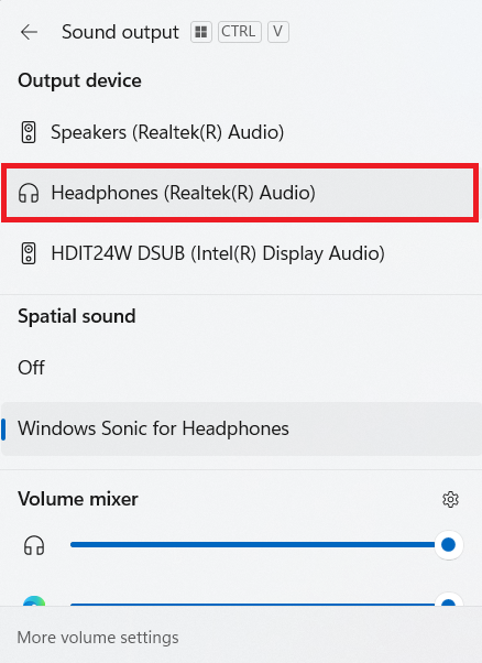 Select your headphones under the Output device section