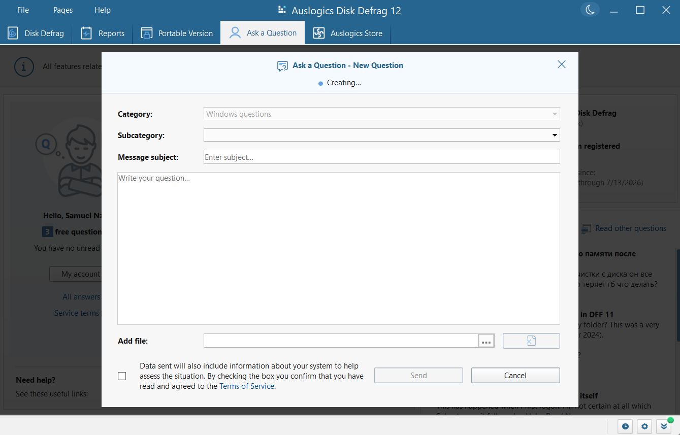Once the window opens, select a subcategory, enter your message subject, and then type out your issue in the main body