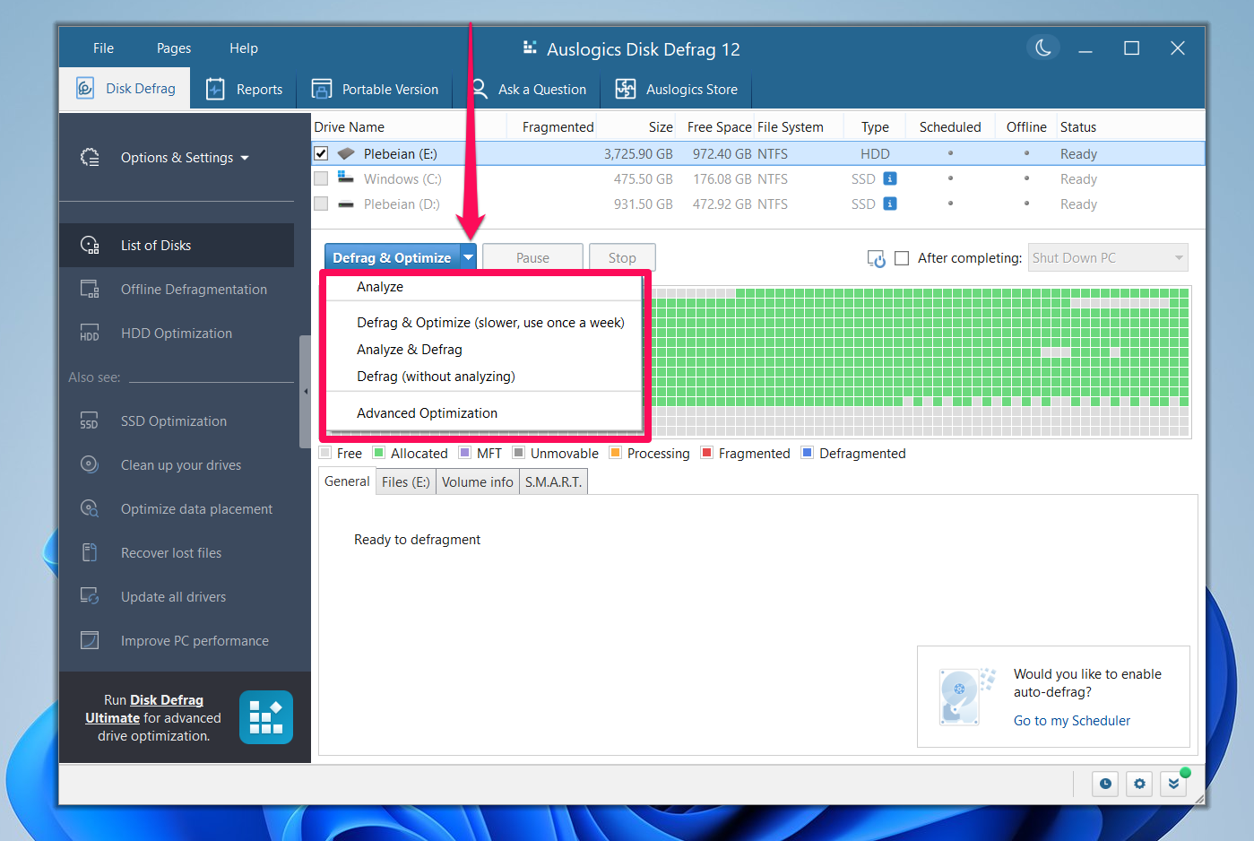  Clicking the drop-down menu beside the Defrag & Optimize button allows you to perform most of the operations you need