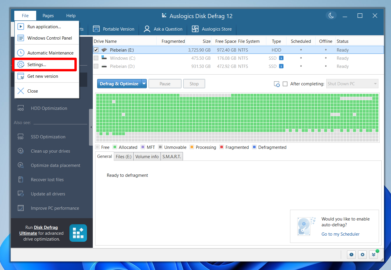 Launch Auslogics Disk Defrag and click File > Settings